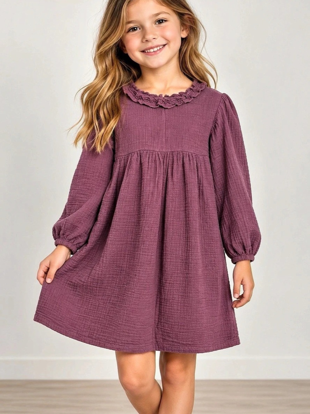 H&M Girls 7-8 Mauve Plum Gauze Ruffle Neck Long Sleeve Dress